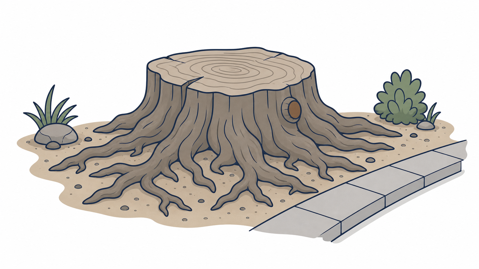 A wide oak stump with roots spreading through sandy soil near a sidewalk.
