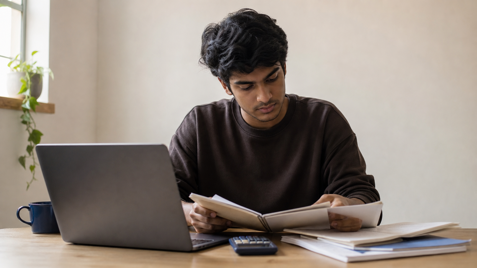 A student reviews brochures and a calculator while comparing university tuition costs.