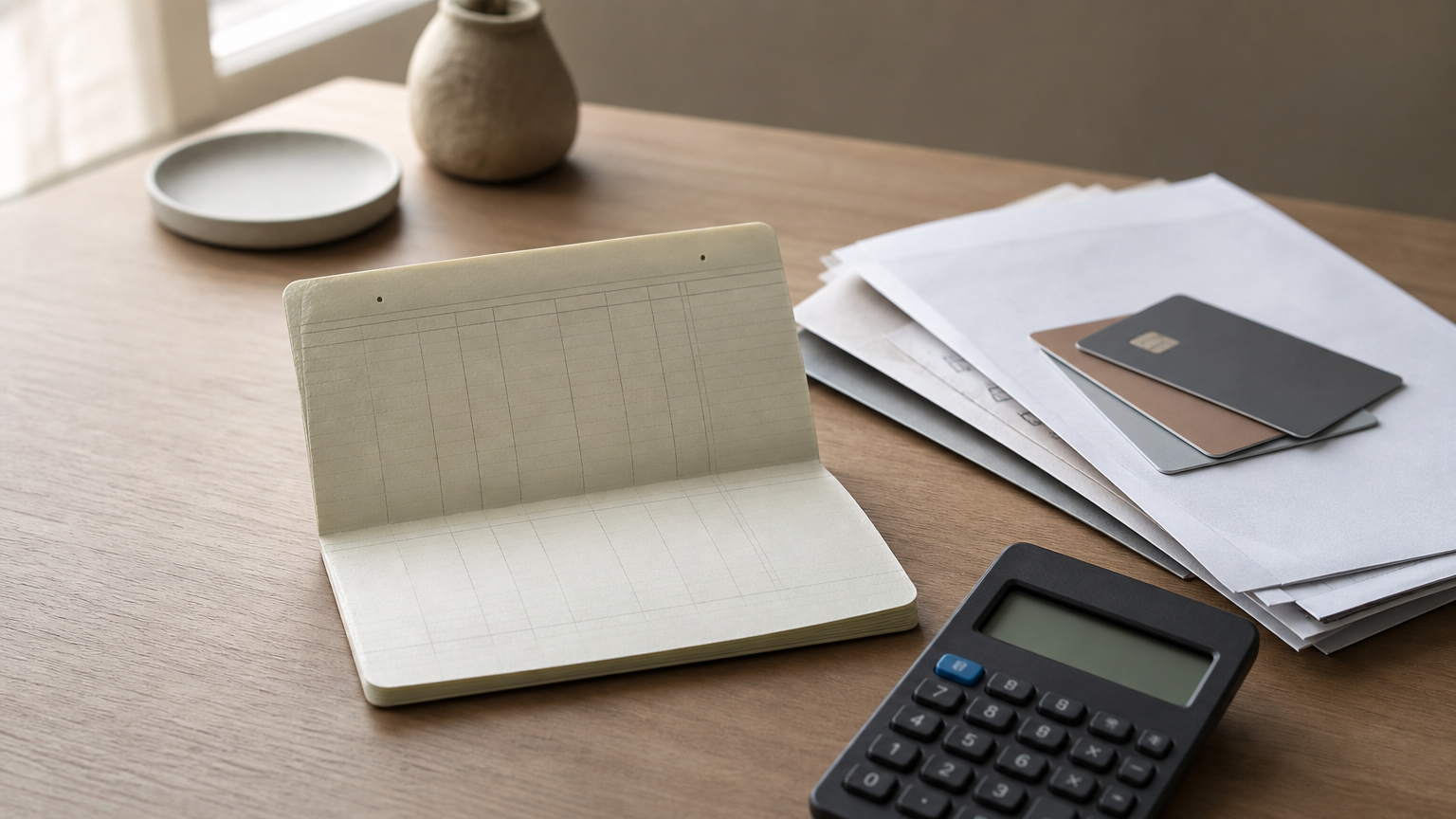 A savings passbook, credit card statements, and a calculator arranged on a desk.