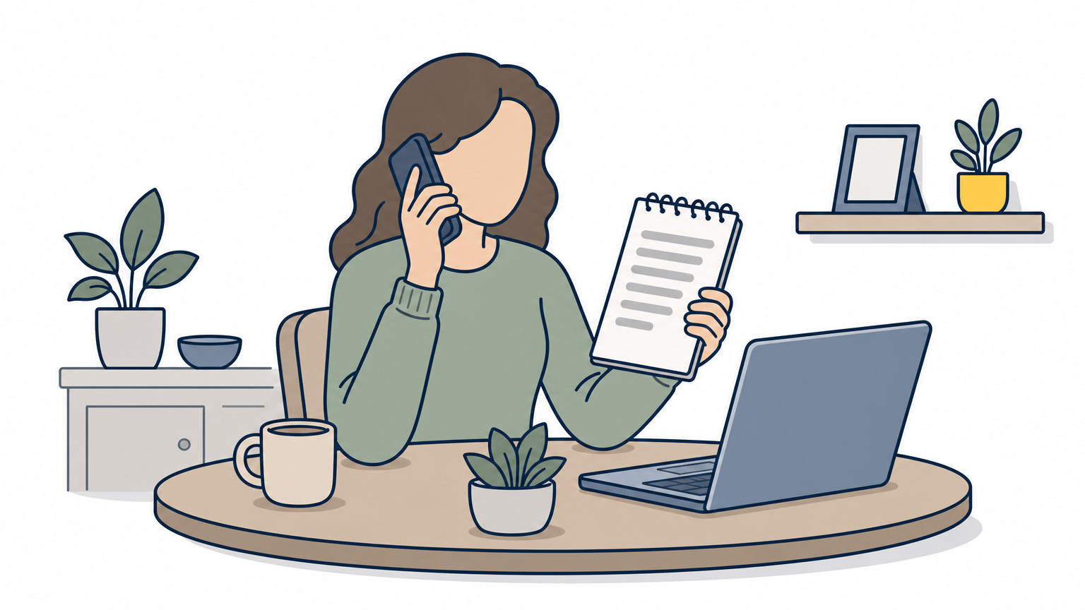A homeowner takes notes on a notepad while calling a pest control company from their kitchen table.