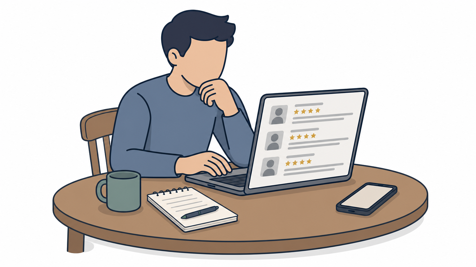 A homeowner reviews landscaping company ratings on a laptop at a kitchen table.