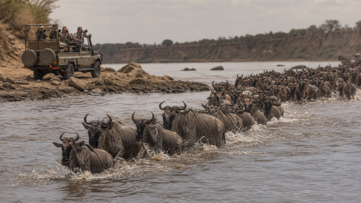 Wildebeest cross a river while tourists photograph the scene from a nearby safari vehicle.
