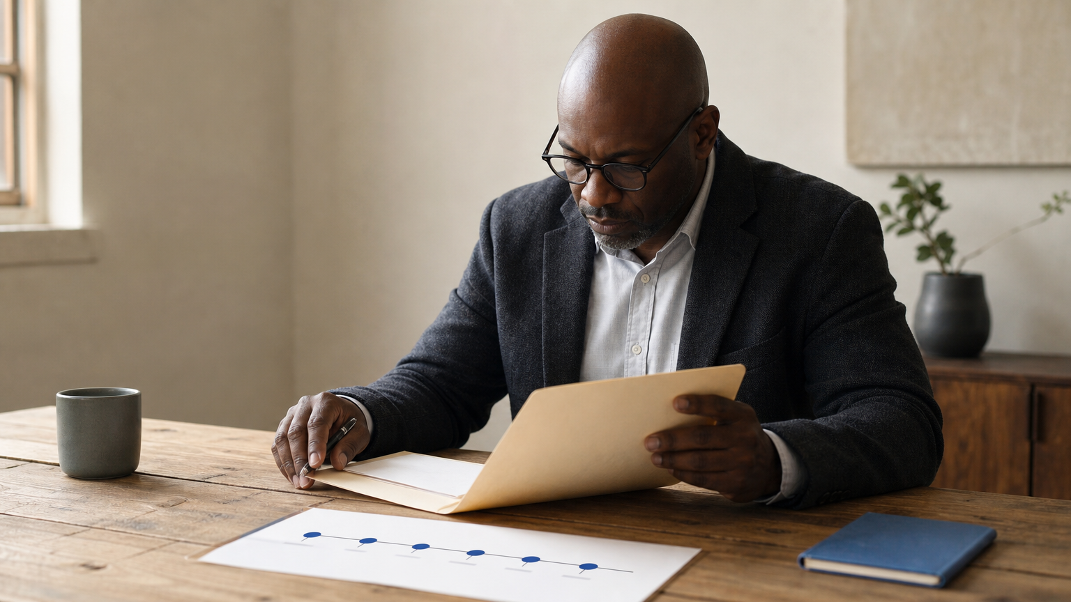 A debt specialist looking over a client's account folder and a printed timeline chart.