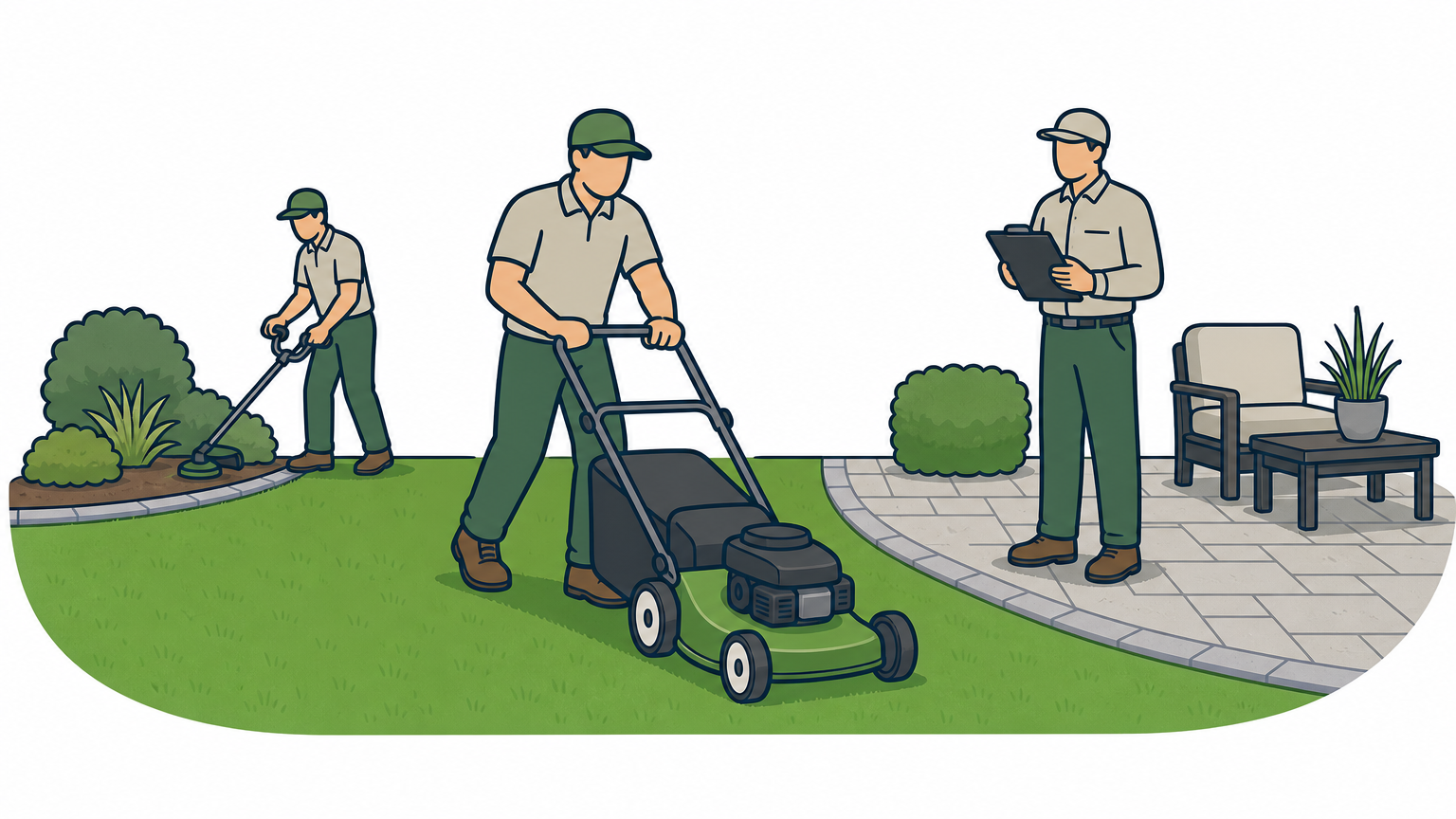 A landscaping crew mows a lawn next to a newly built paver patio while a supervisor checks notes.