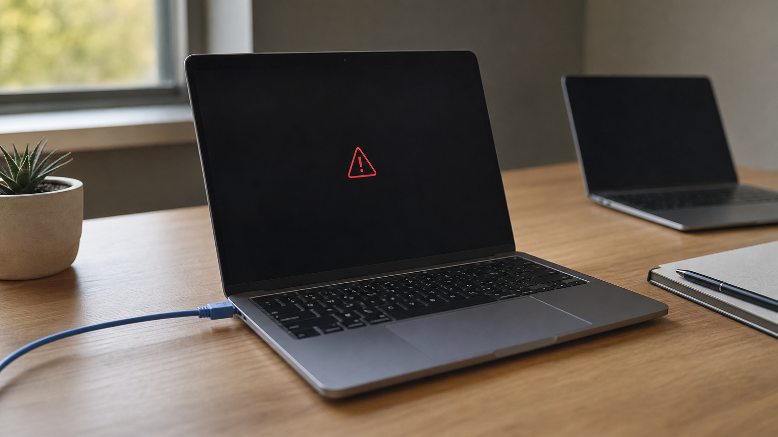 A laptop showing a warning alert sits isolated from a second unaffected laptop on a desk.