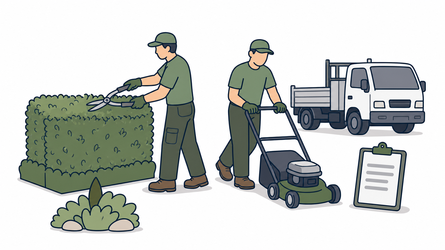 Two familiar landscapers work together on a lawn with their truck parked in the driveway.