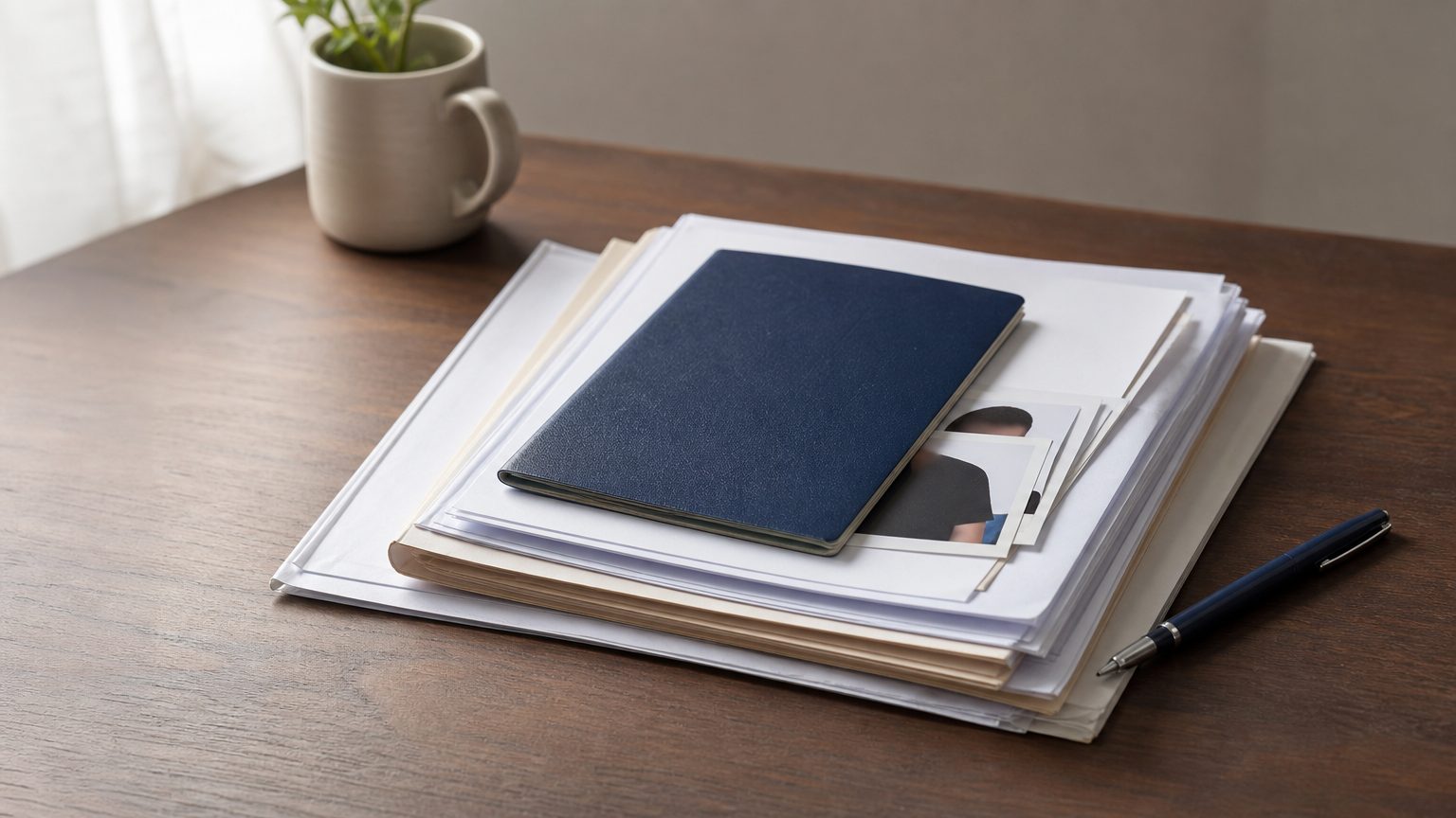 A stack of passport, transcripts, medical certificate, and photographs arranged on a desk.