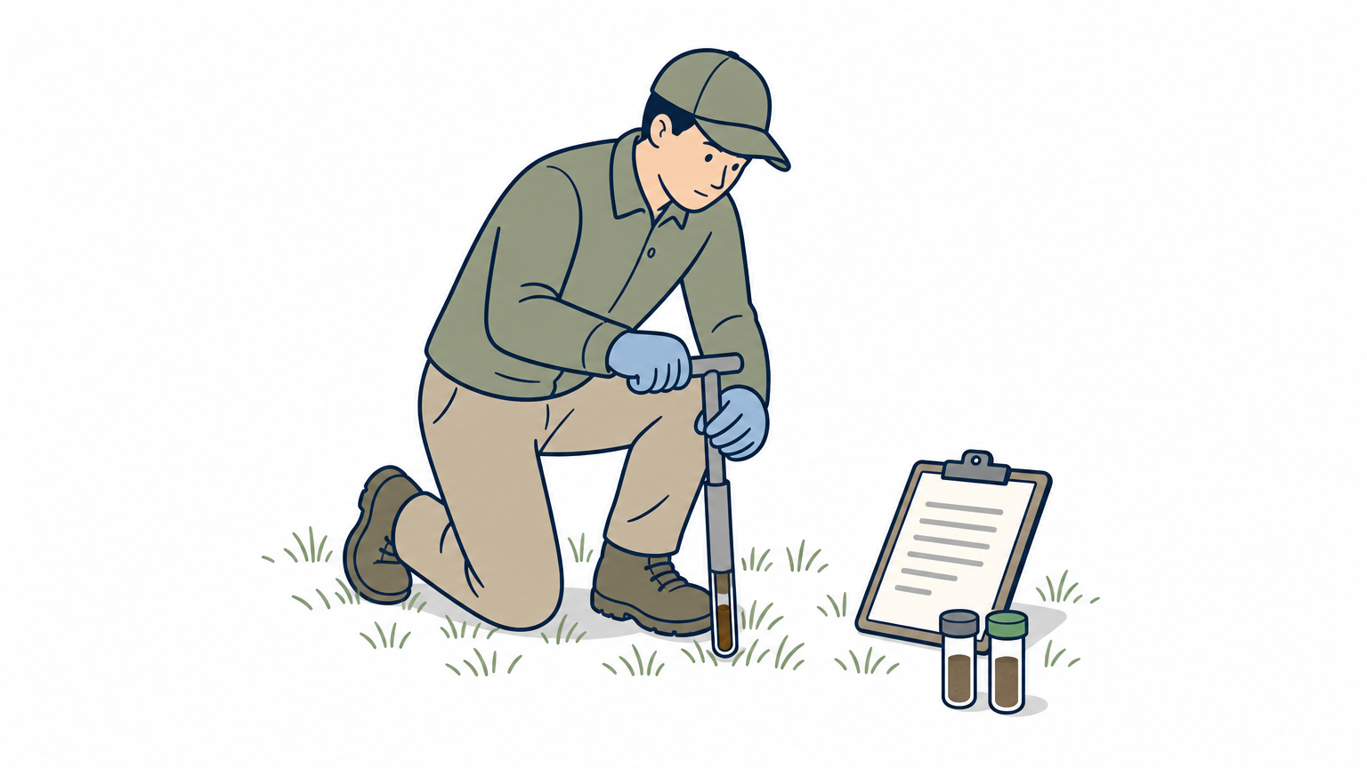 A technician collects a soil sample from a lawn using a probe next to a clipboard and sample vials.