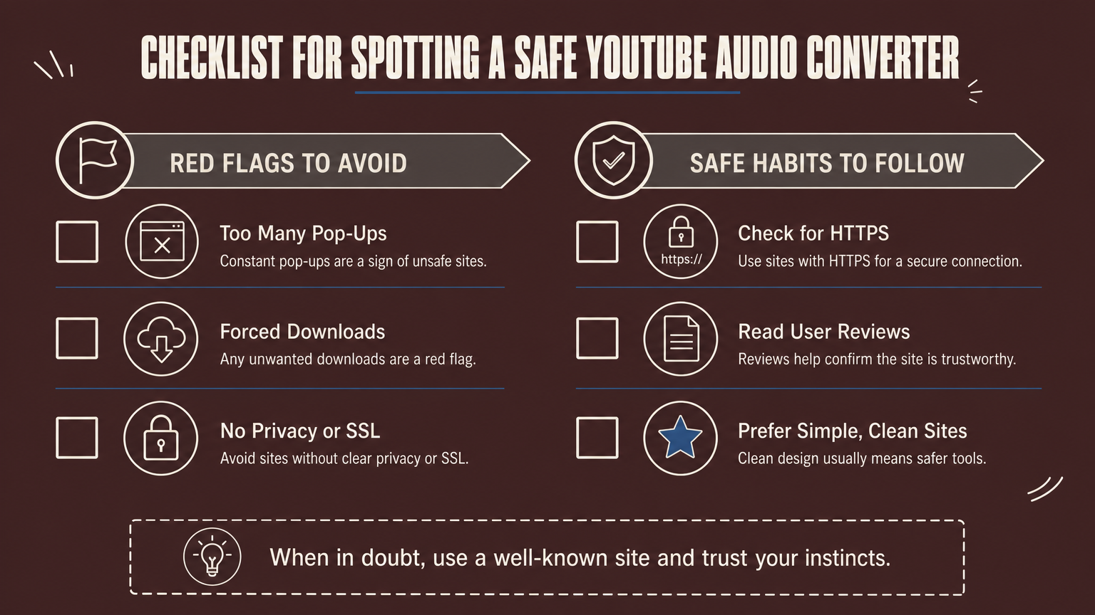 Checklist infographic listing red flags and safe habits for choosing a YouTube audio converter.
