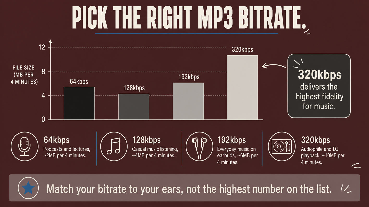 Bar chart comparing MP3 bitrates from 64kbps to 320kbps with file sizes and best uses.