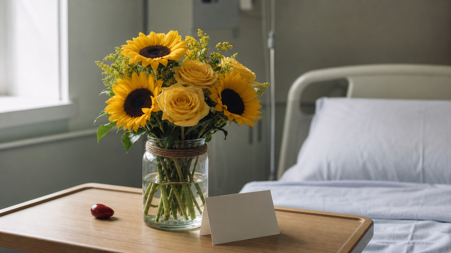 Get-well Soon Flowers Meaning A bright bouquet of sunflowers and yellow roses sitting on a bedside table.