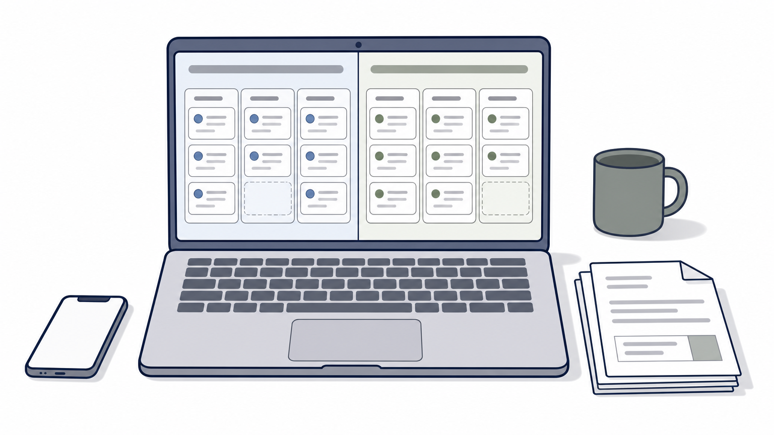 A split-screen dashboard shows a candidate pipeline alongside a client deal board on a recruiter's desk.