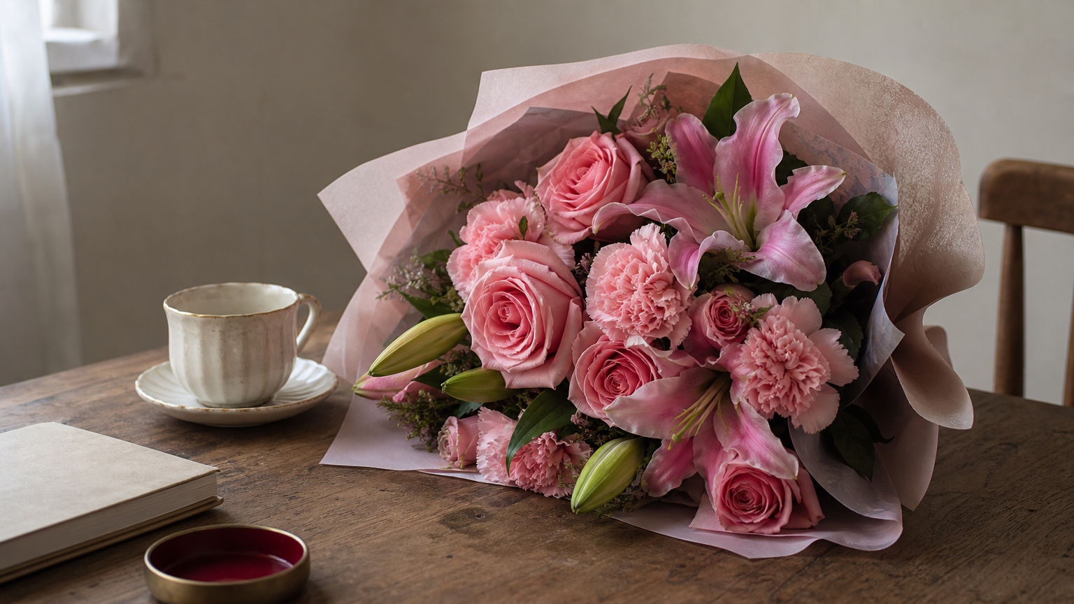 Get-well Soon Flowers Meaning A gentle arrangement of pink roses, carnations, and lilies wrapped in paper.