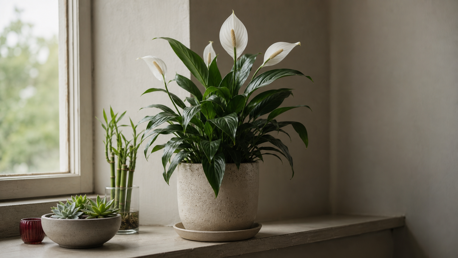 Get-well Soon Flowers Meaning A peace lily, succulent bowl, and bamboo arrangement placed together on a windowsill.