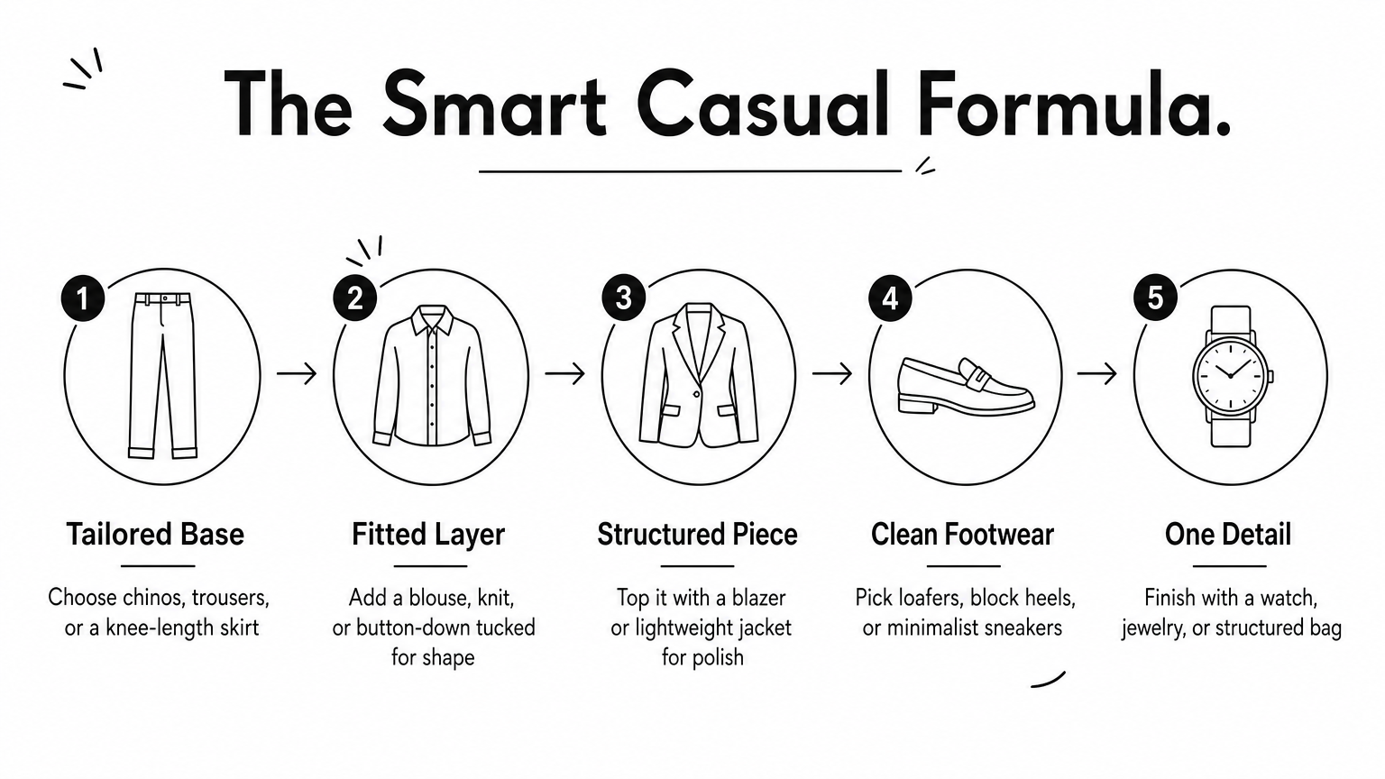 Five-step process diagram showing how to build a smart casual outfit from bottom half to accessory.