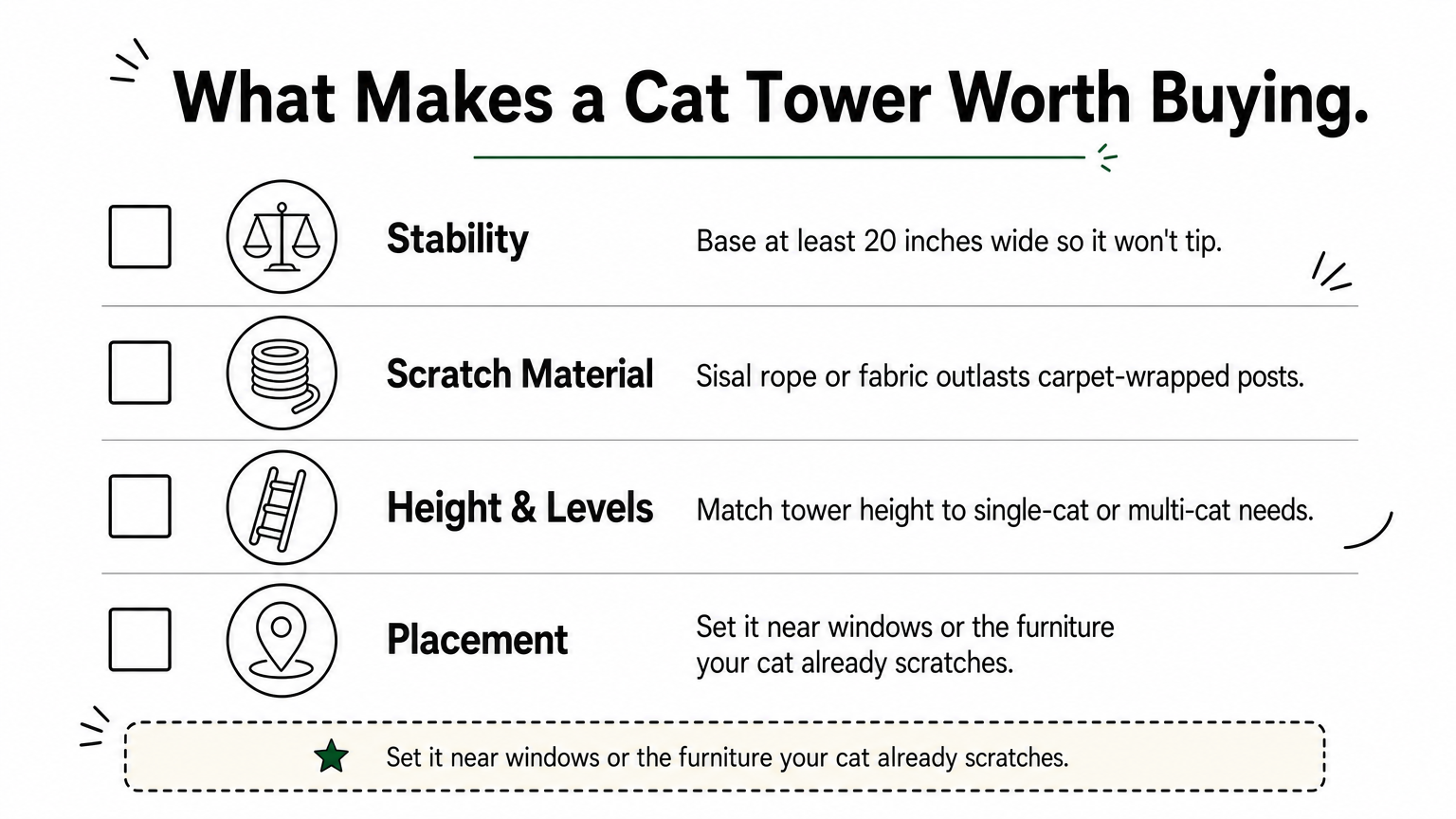 Checklist infographic listing stability, scratch material, height, and placement factors for choosing a cat tower.