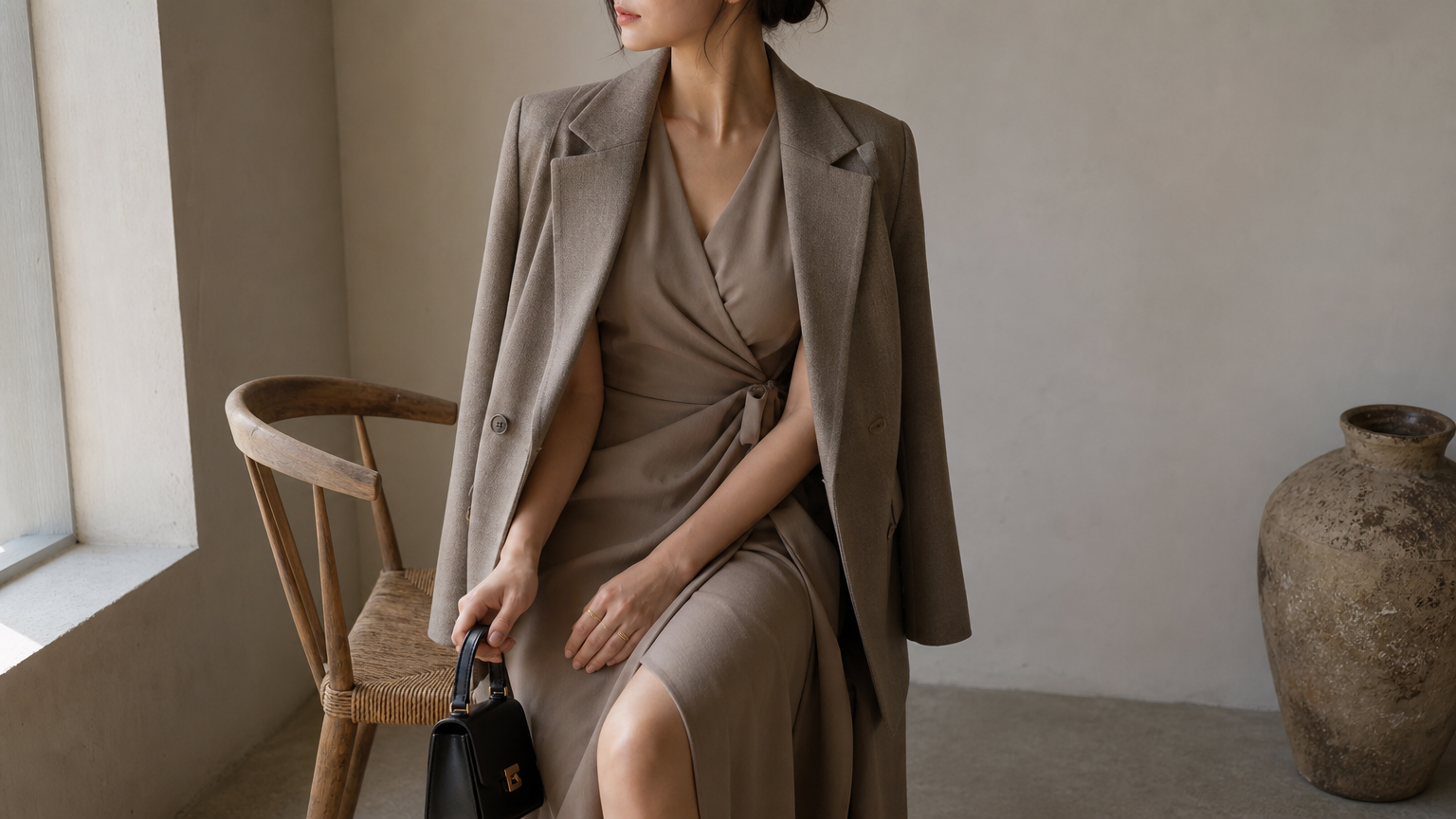 A woman in a knee-length wrap dress with a blazer and a structured handbag.