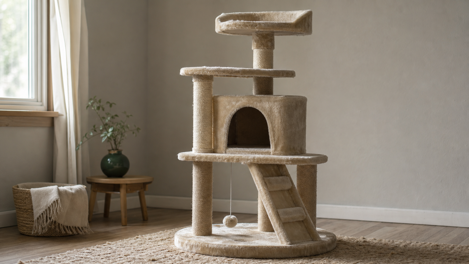 A multi-level plush cat tree with an enclosed condo and sisal scratching posts.