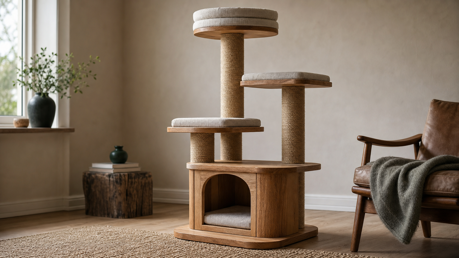 A handcrafted wooden cat tree with upholstered platforms and thick sisal scratching posts.