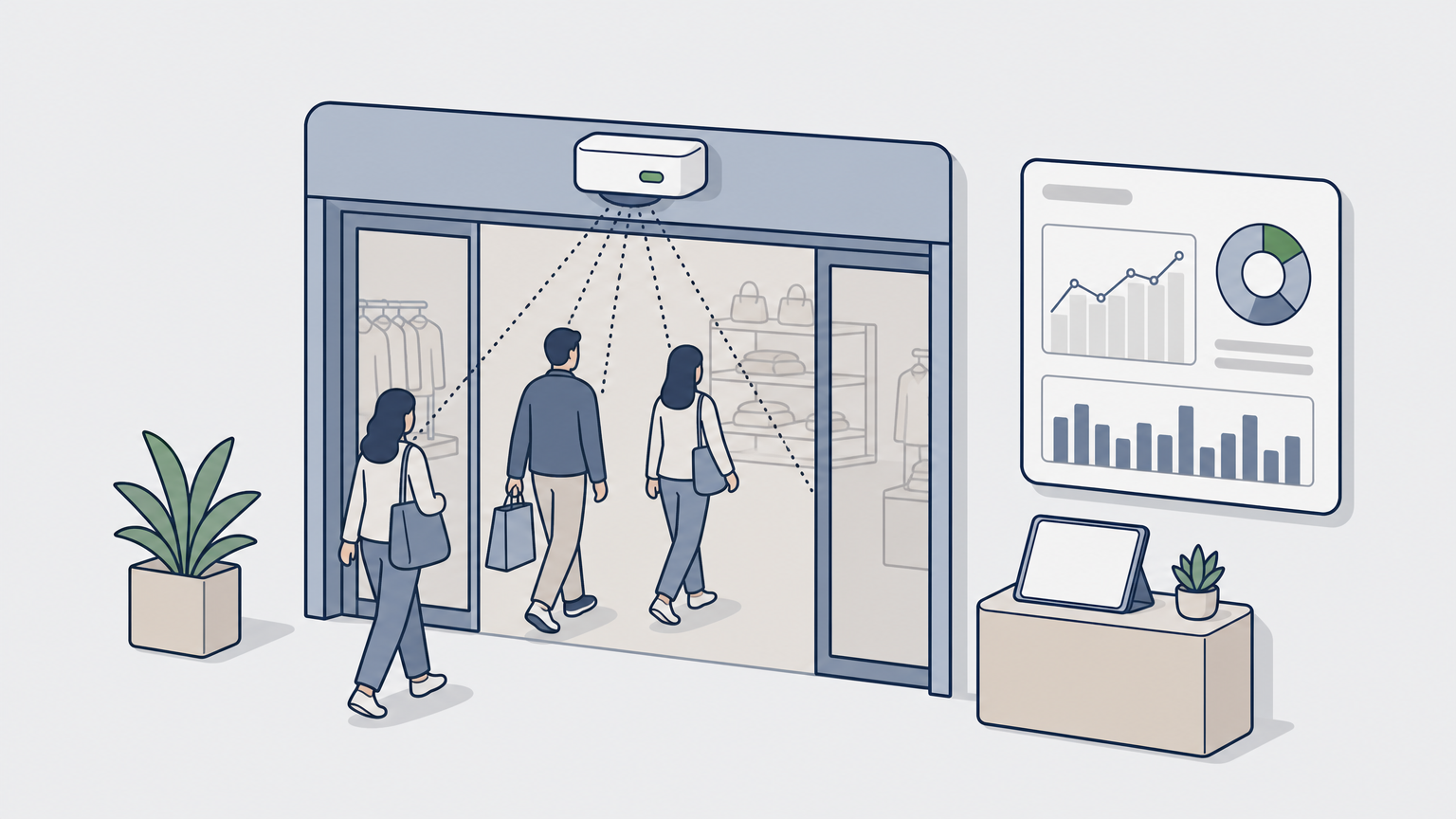 Illustration of a retail traffic counter above a store entrance with a traffic analytics dashboard.
