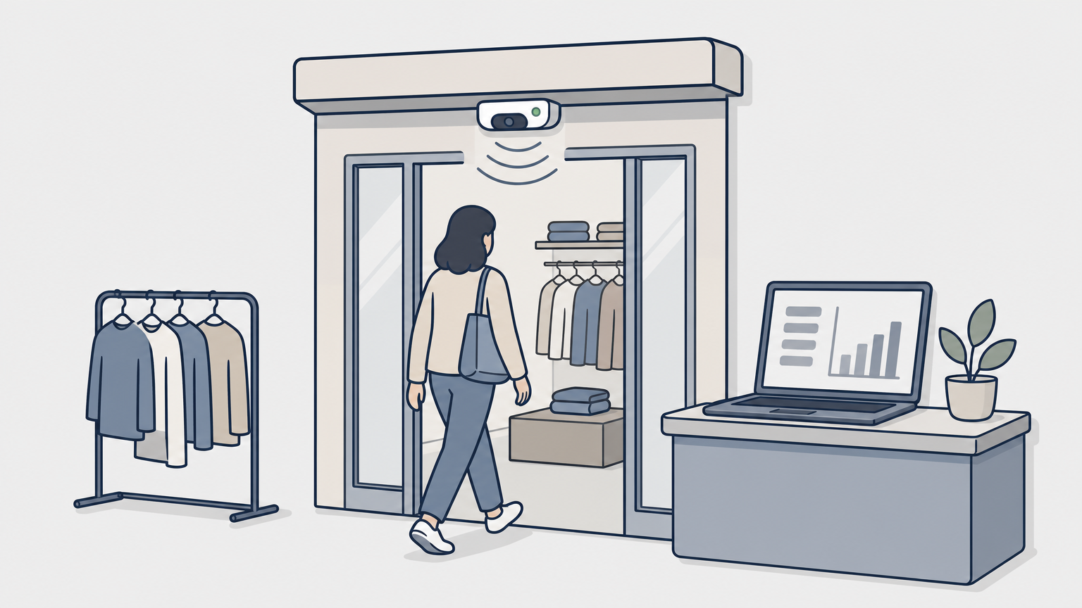 Illustration of an overhead people counter at a small retail store entrance.