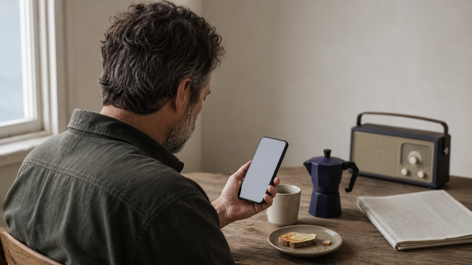 A person reads political news on a smartphone beside a radio and newspaper.