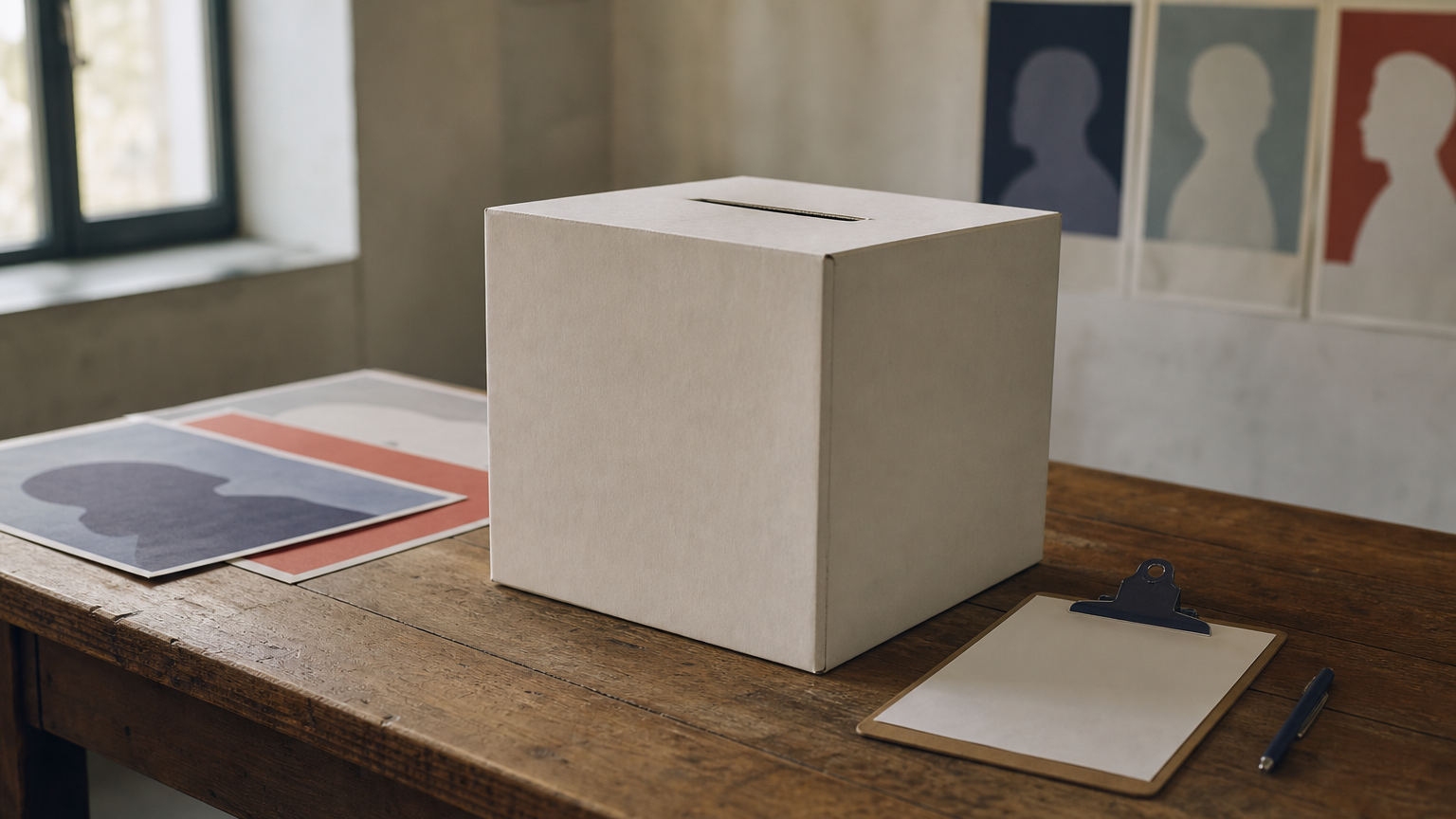 A ballot box, campaign posters, and a delegate list clipboard arranged on a table.