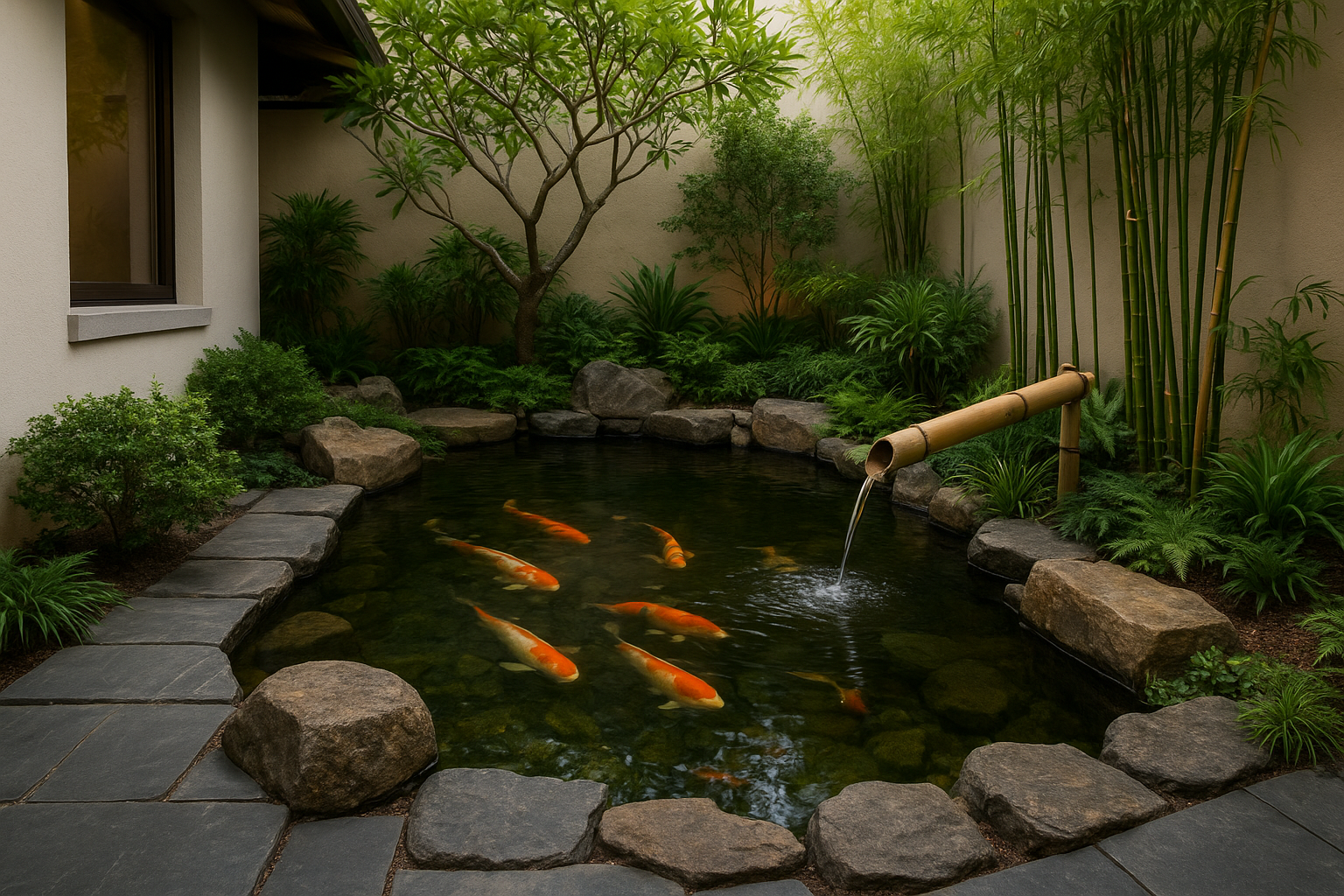 1. A zen courtyard garden with a koi pond centerpiece