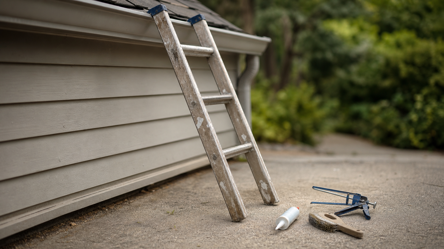 A ladder against a house gutter with a wire brush, caulk gun, and sealant tube on the ground.