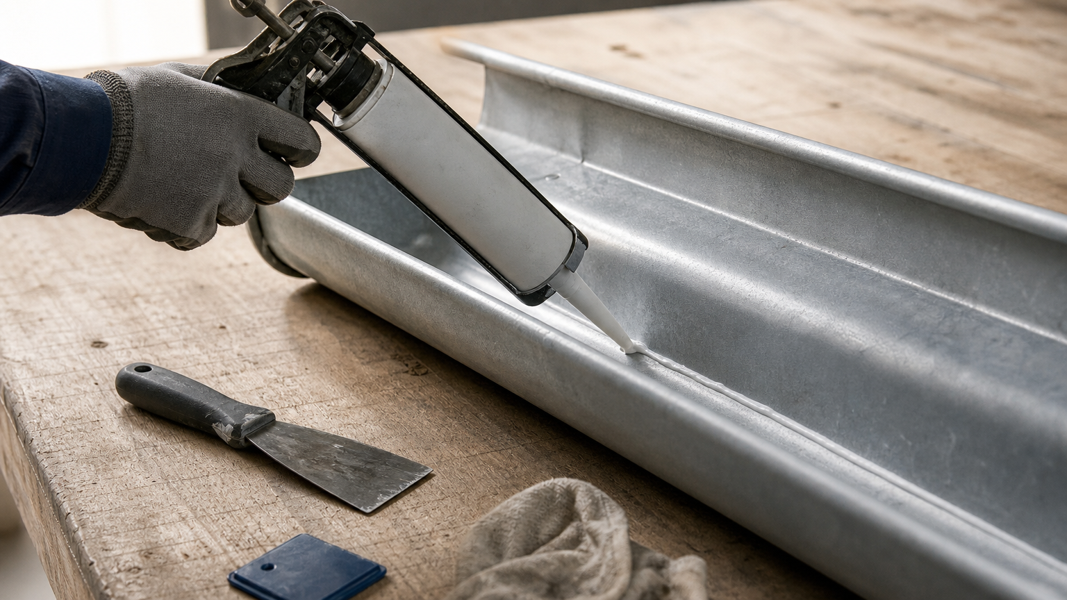 A gloved hand applying sealant with a caulk gun along a gutter seam.