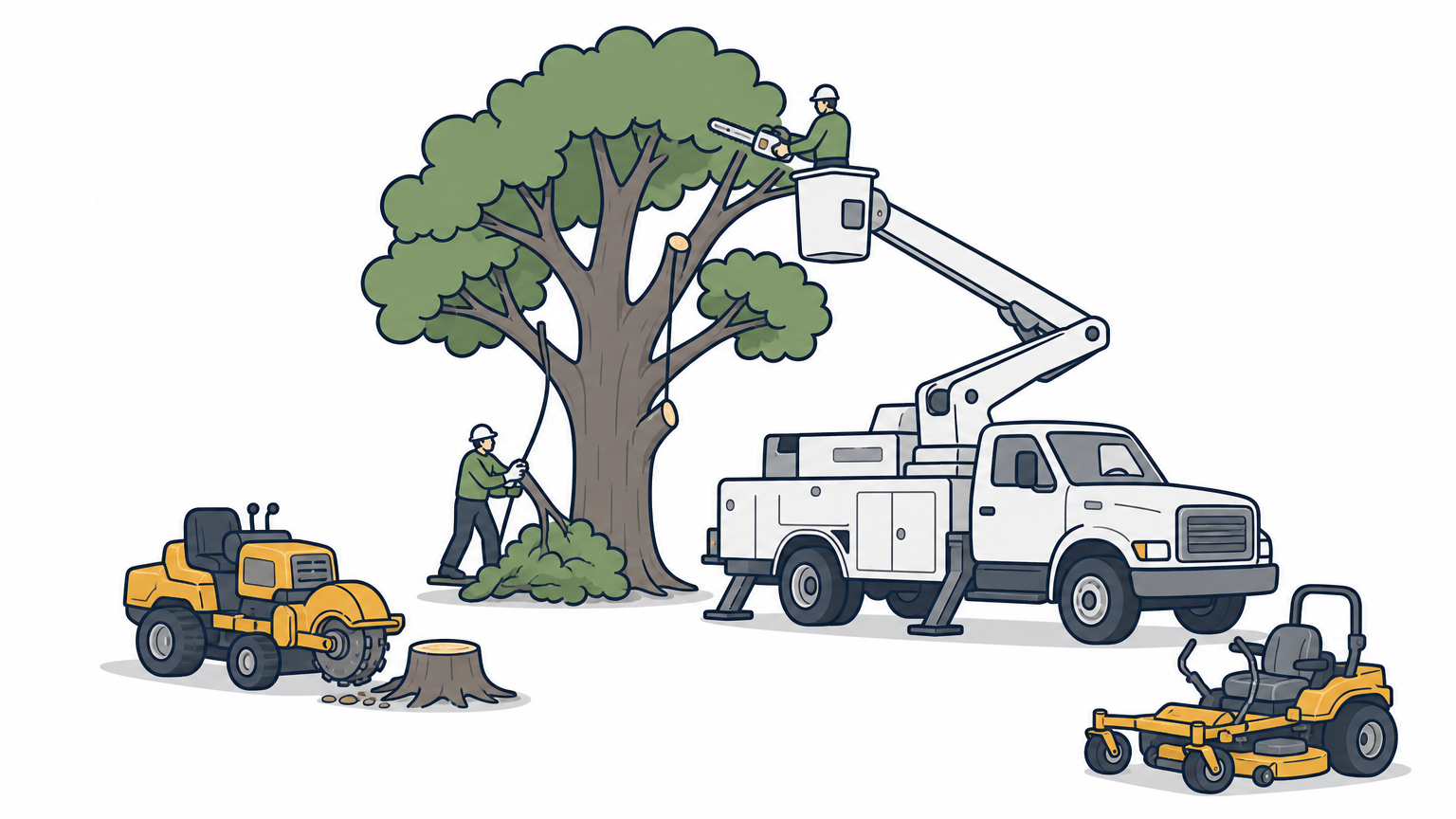 A bucket truck crew trims a large tree while landscaping equipment sits parked nearby.