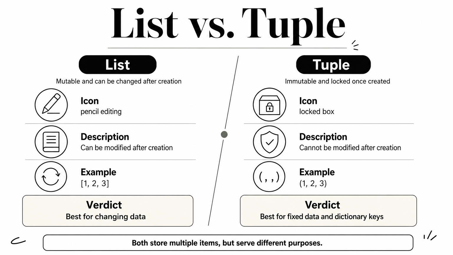 Infographic comparing mutable lists against immutable tuples with a verdict for each.