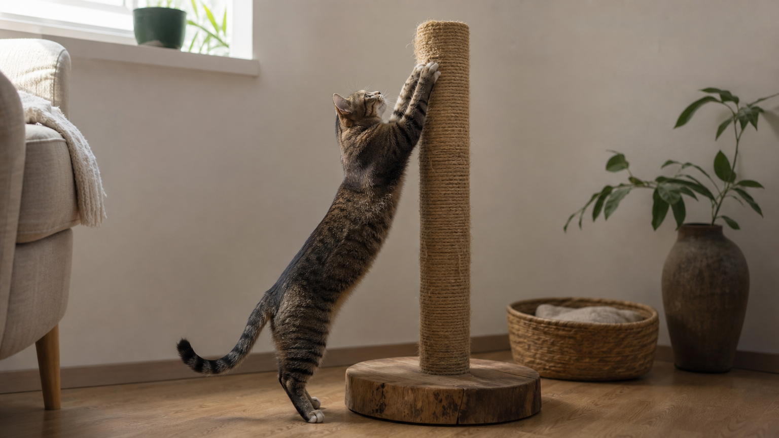 A cat stretches upward against a tall sisal-wrapped scratching post on a weighted base.