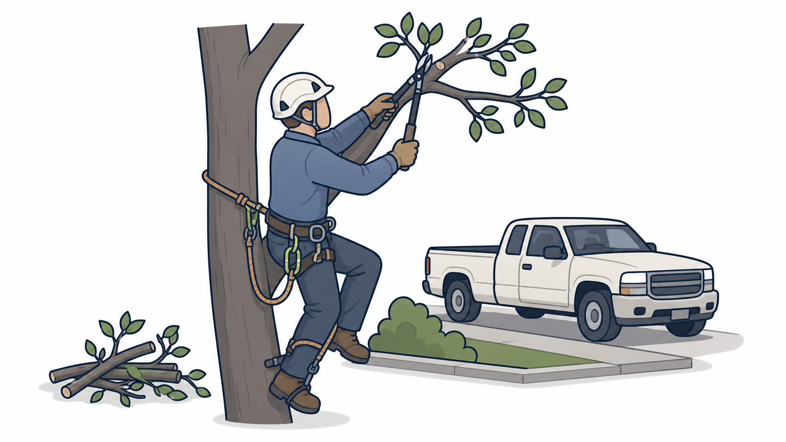 A lone contractor climbs a tree to prune branches with a pickup truck parked nearby.