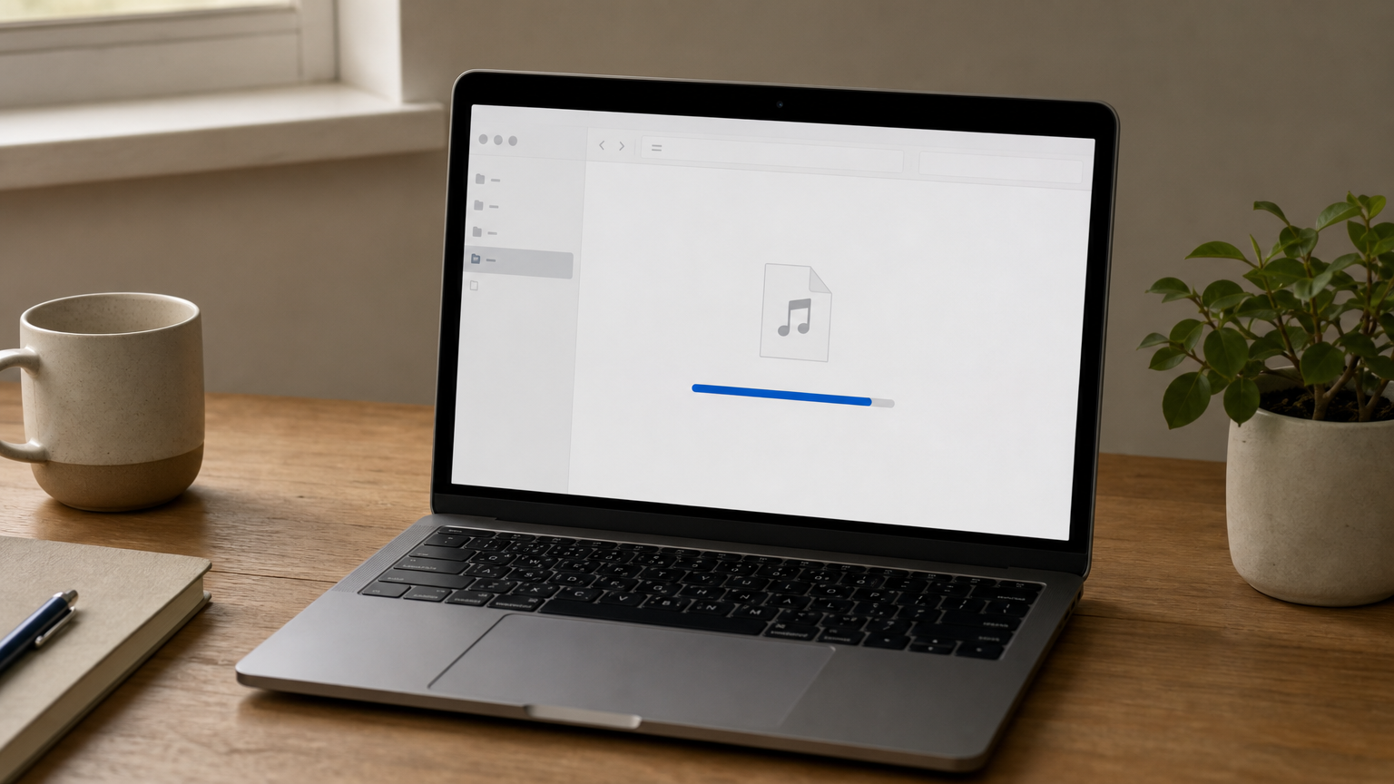 A computer downloads folder showing a completed MP3 file with a finished progress bar.