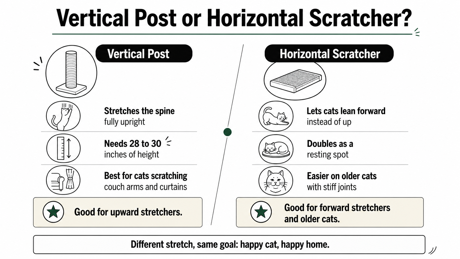 A comparison chart contrasting vertical scratching posts with horizontal scratchers and their ideal use cases.
