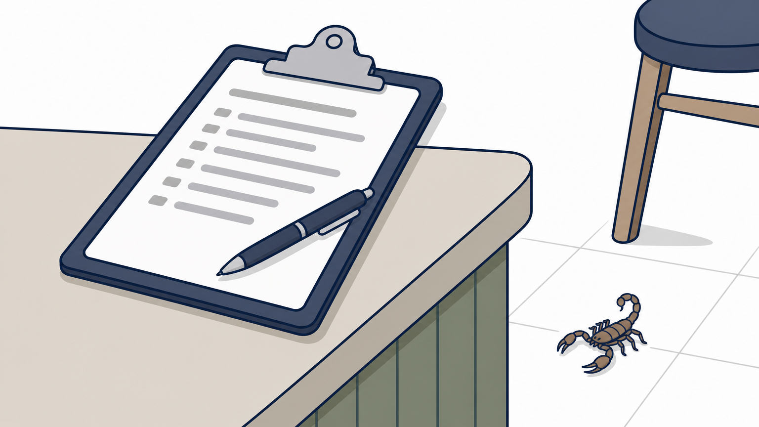 A clipboard on a restaurant counter with a scorpion crawling on the floor tile below.