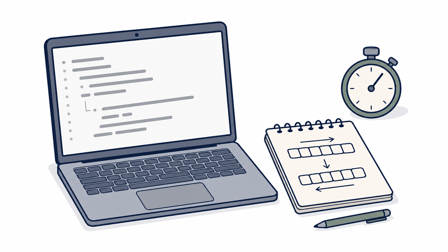 A laptop displaying Python code beside a notepad and stopwatch on a desk.