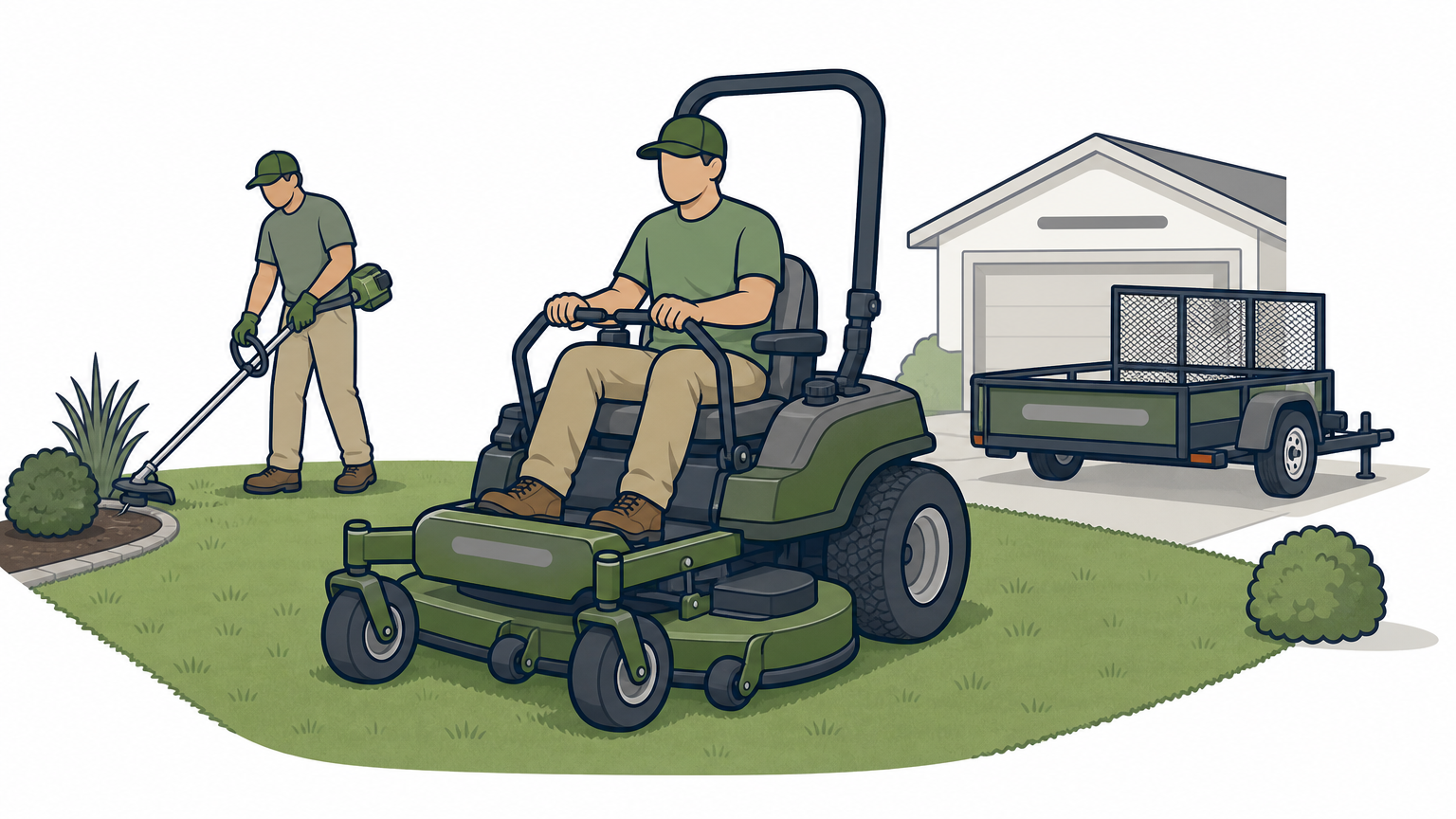 A two-person lawn care crew mowing and edging a suburban front yard.