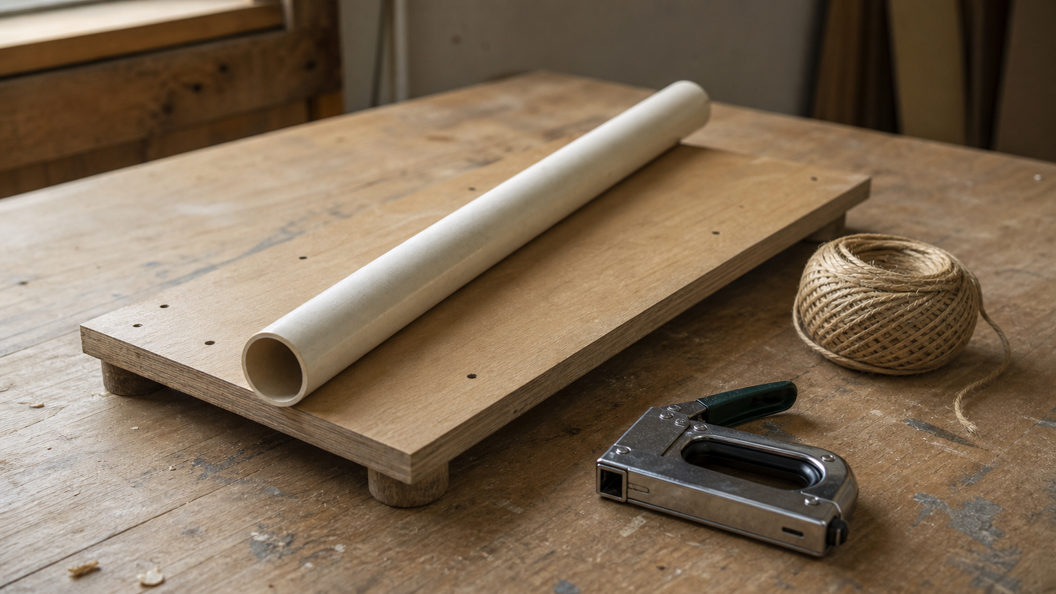 A wooden base, PVC pipe, sisal rope, and a staple gun arranged on a workbench for building a scratching post.
