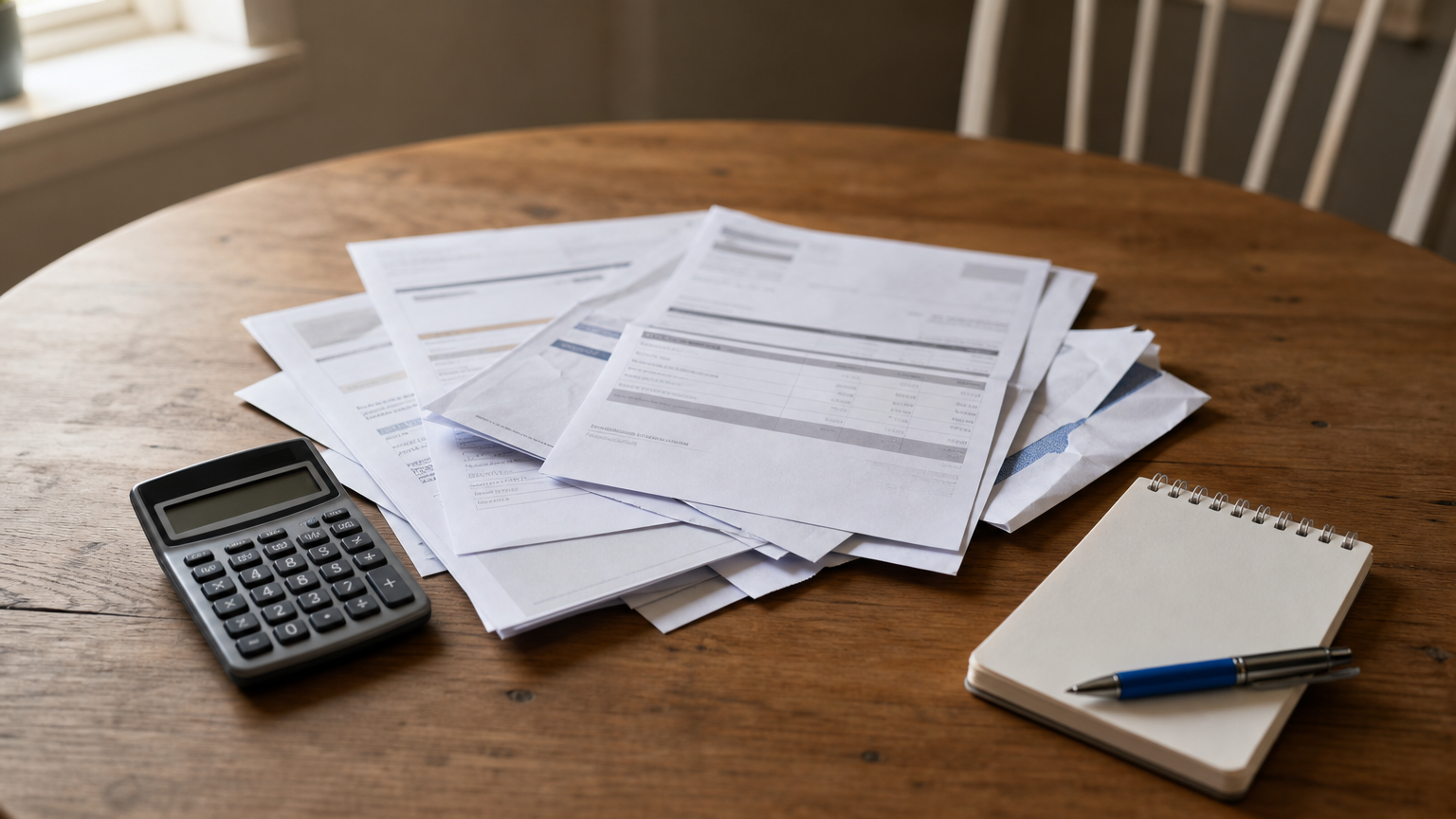 A table covered in credit card statements, a calculator, and a notepad listing balances.