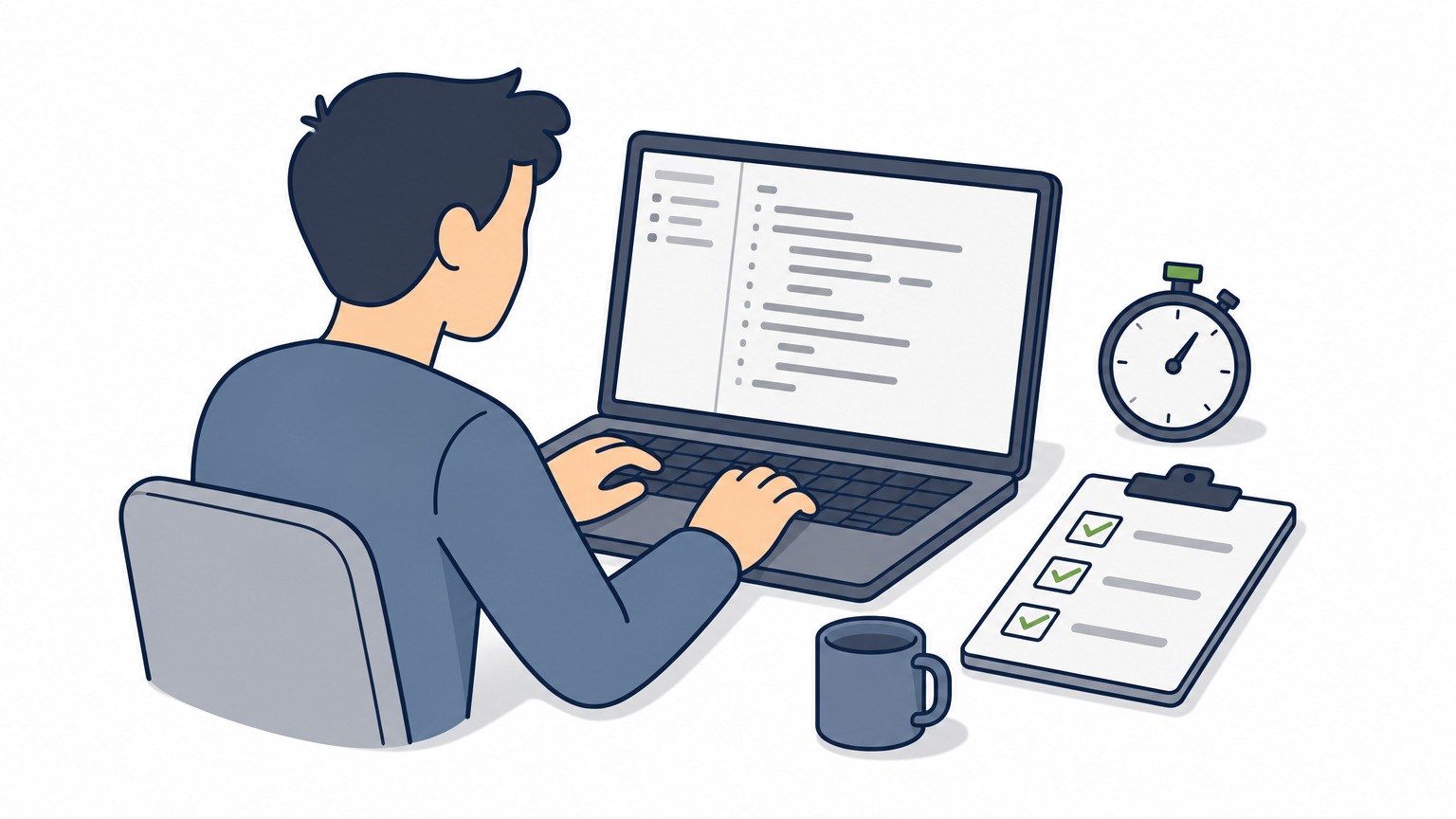 A developer working on a coding test at a computer with a stopwatch and checklist beside them.