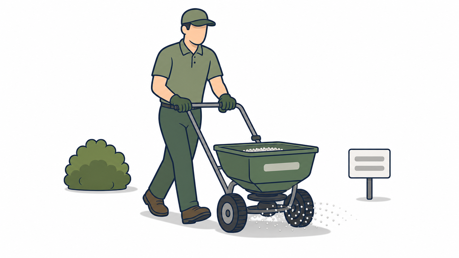 A uniformed technician spreading fertilizer across a lawn with a push spreader.