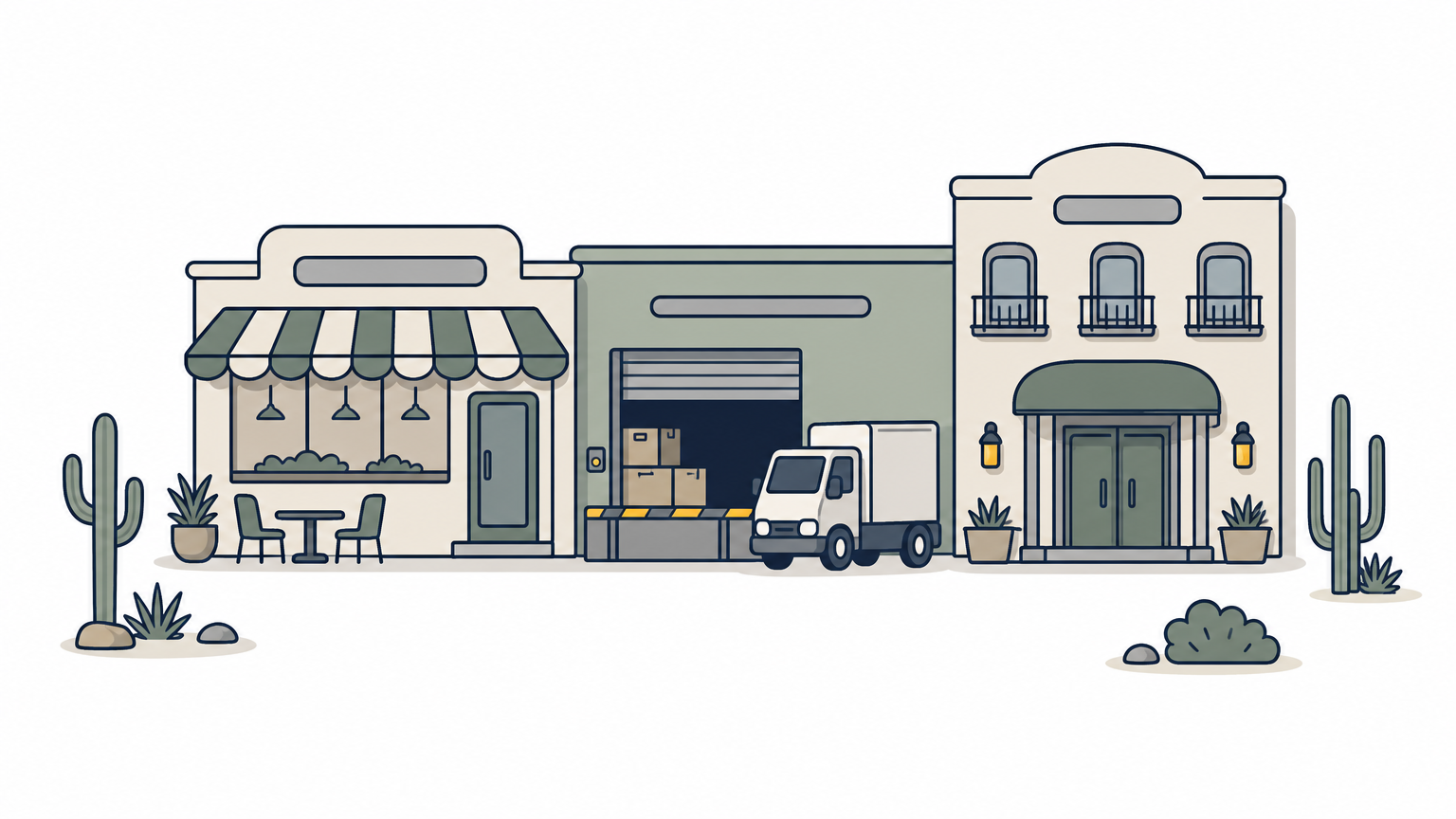 A street view of a restaurant, warehouse dock, and hotel entrance side by side in a desert setting.