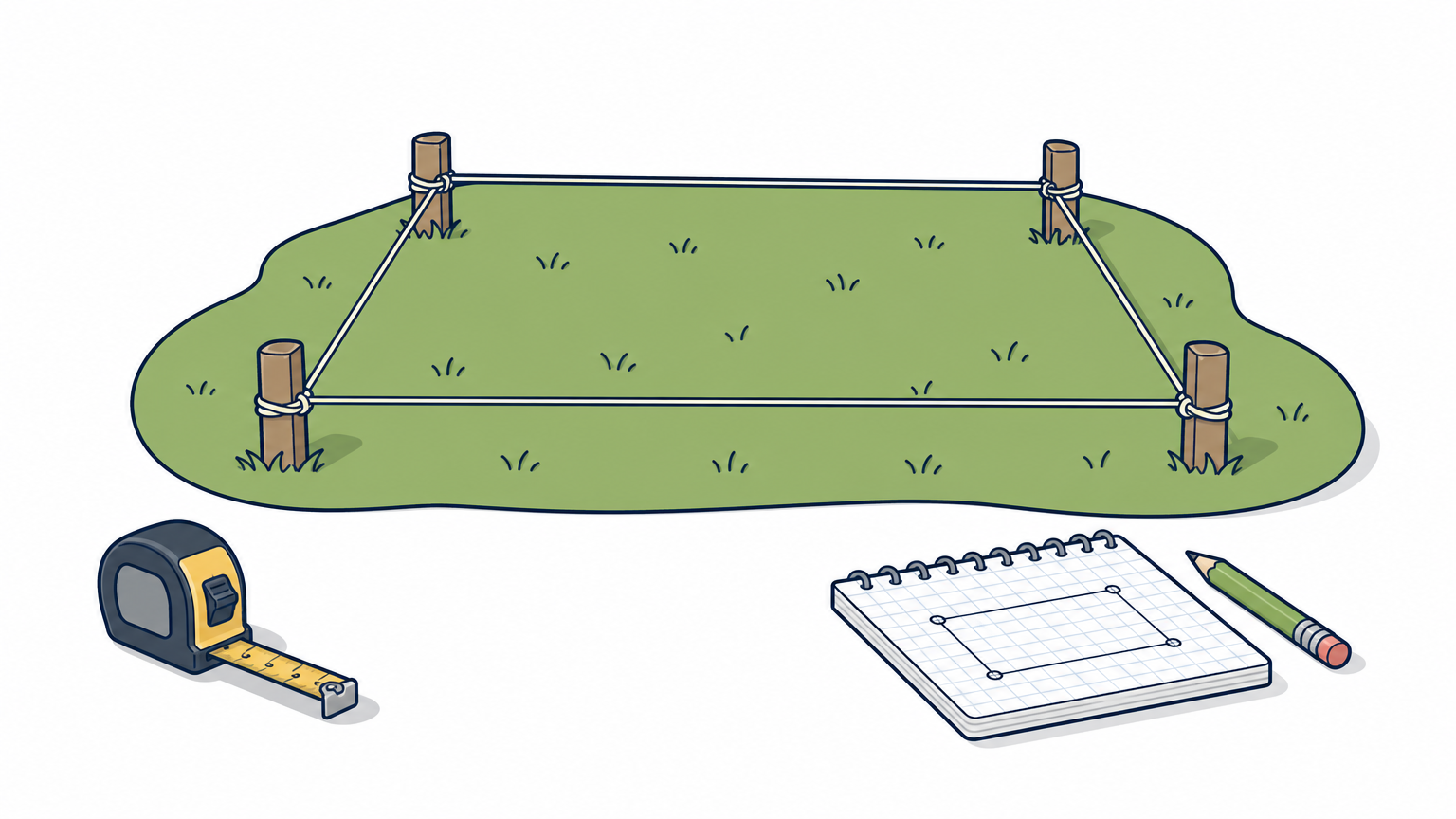 Wooden stakes and string outline a rectangular patio shape on a lawn with a tape measure nearby.