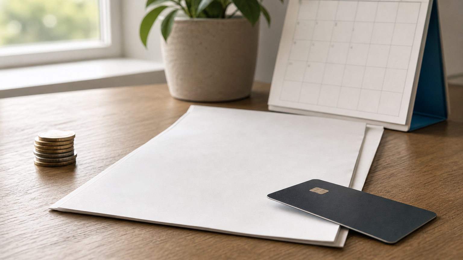A credit card and a loan document sit beside a small stack of coins and a calendar.