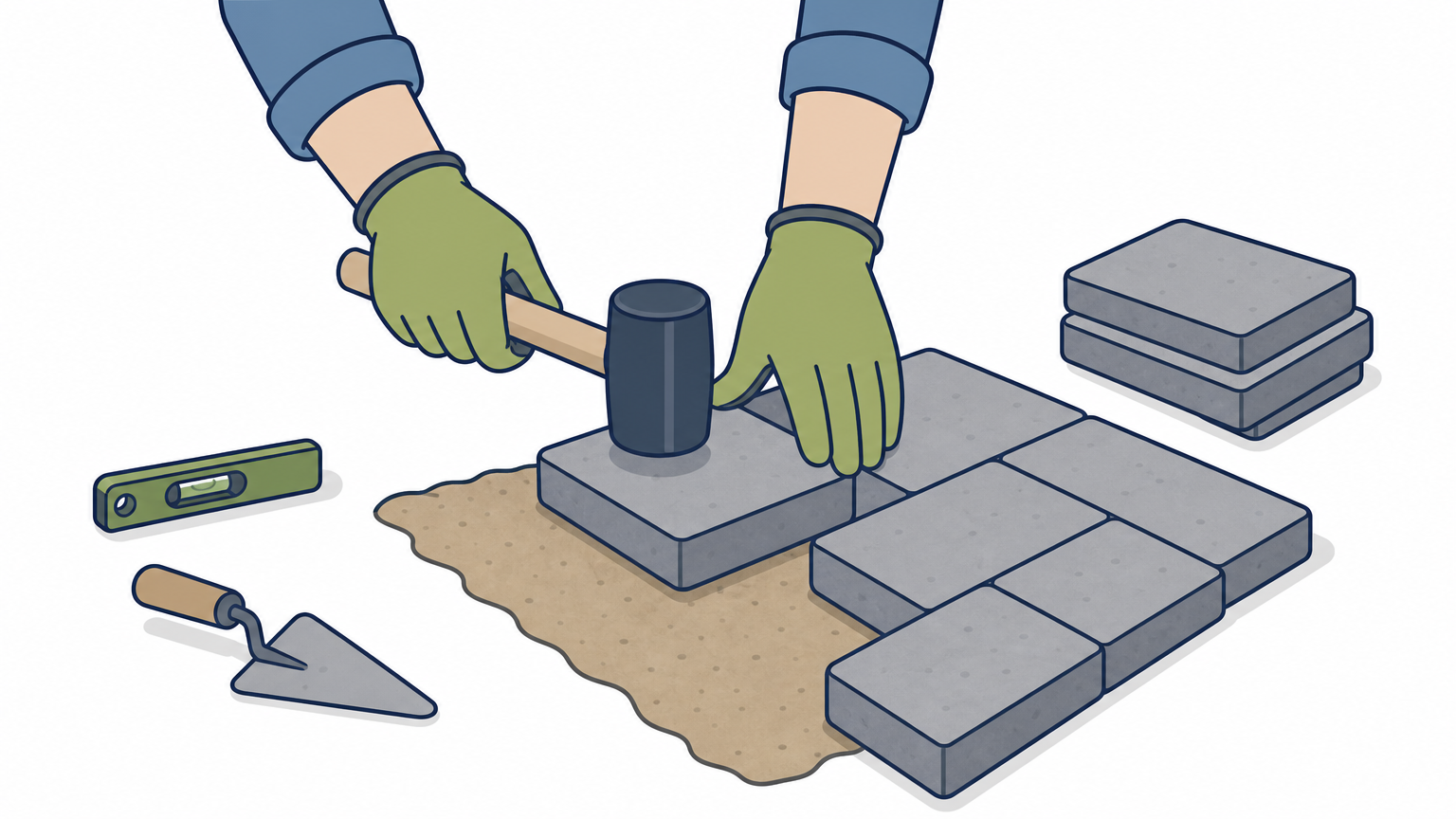 Hands set a concrete paver into sand and tap it level with a rubber mallet.