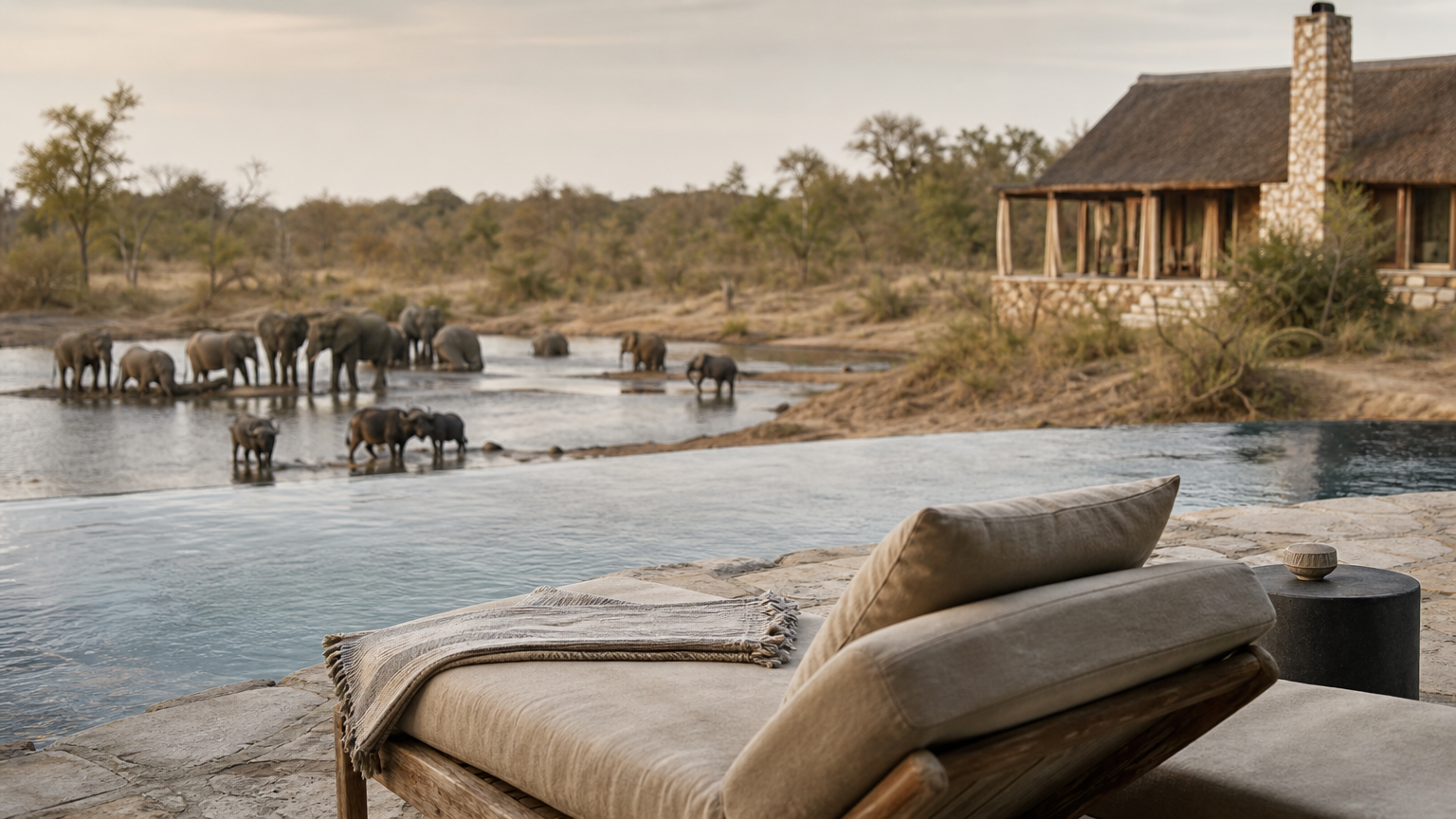An infinity pool overlooks a waterhole with elephants near a stone and thatch safari lodge.