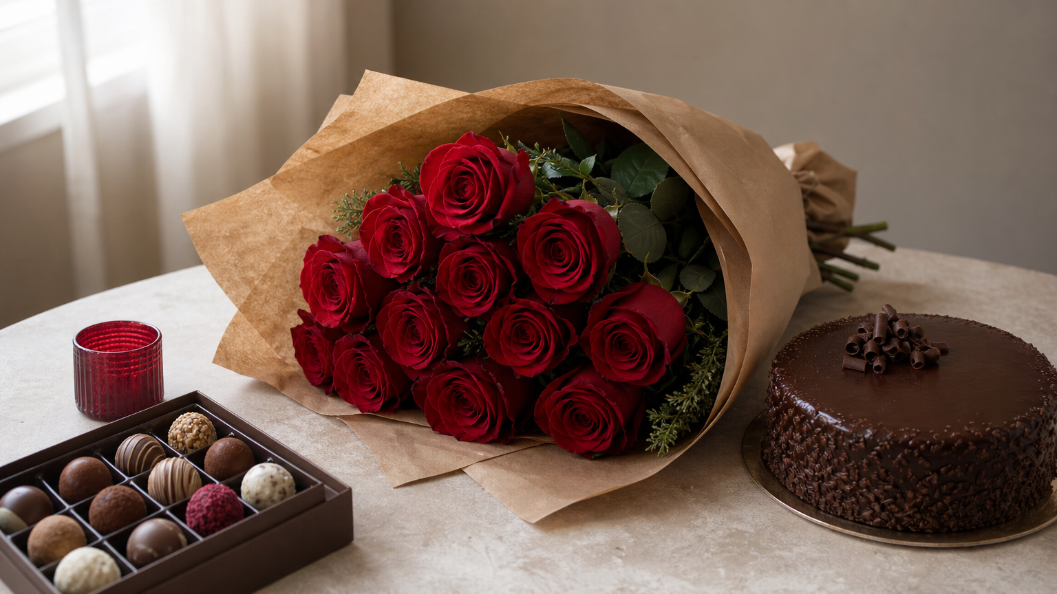 Birthday Flowers A red rose bouquet sits next to a chocolate cake and a box of truffles.