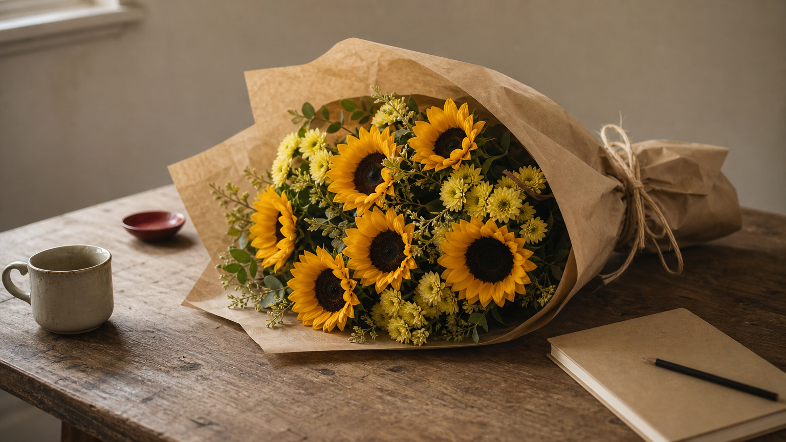 Birthday Flowers A bright bouquet of sunflowers and yellow chrysanthemums wrapped in kraft paper.